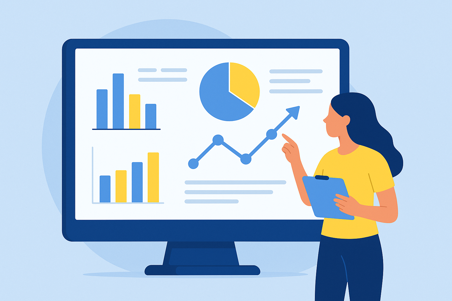 illustration of woman looking at a looker studio dashboard