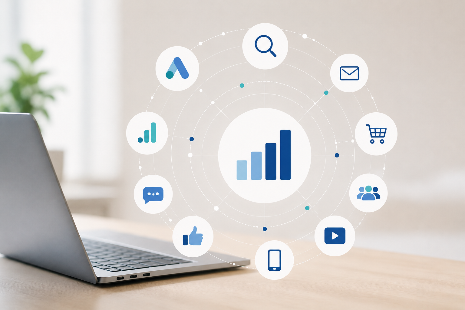 lap top with marketing channel attribution icons