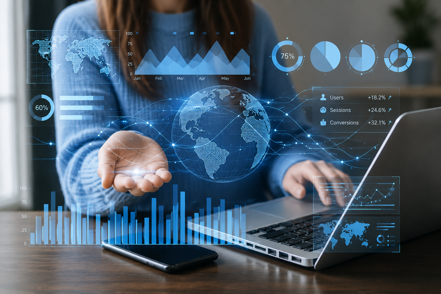 Woman looking at a computer with AI analytics insights.